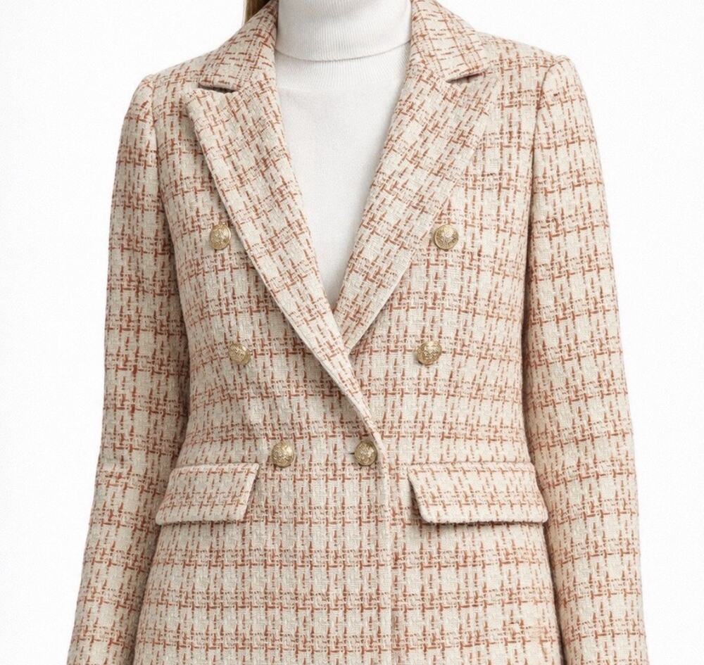 Rachel Zoe Double Breasted Blazer Boucle Tweed Old Money Rust Ivory Size L